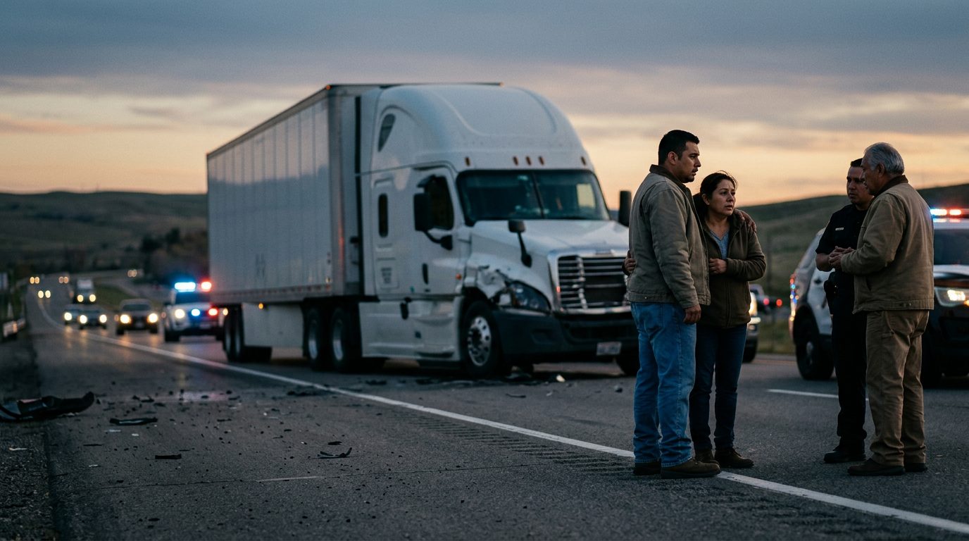 Escena de accidente grave de camión comercial en carretera al atardecer con personas.