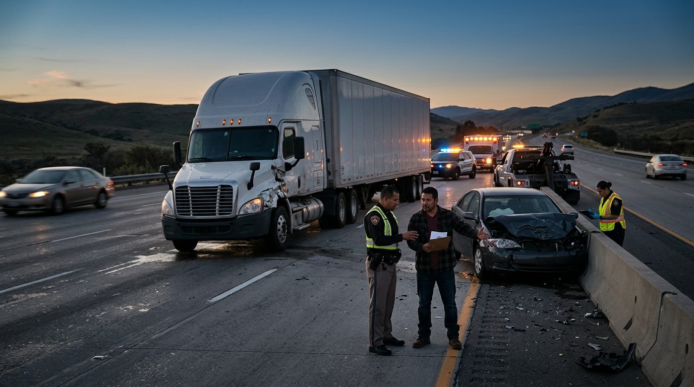 Escena de accidente grave de camión comercial en carretera al atardecer con personas.