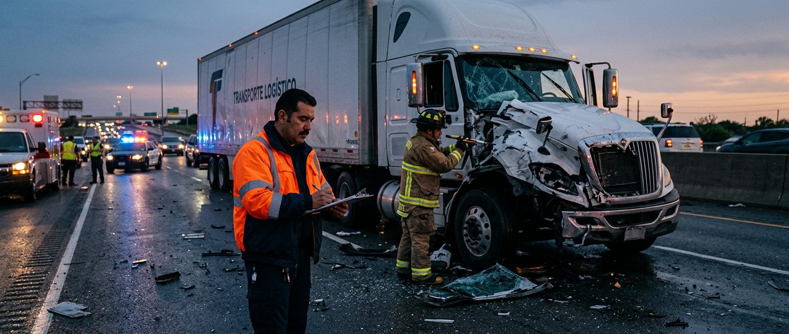 Escena de accidente grave de camión comercial en carretera al atardecer con personas.