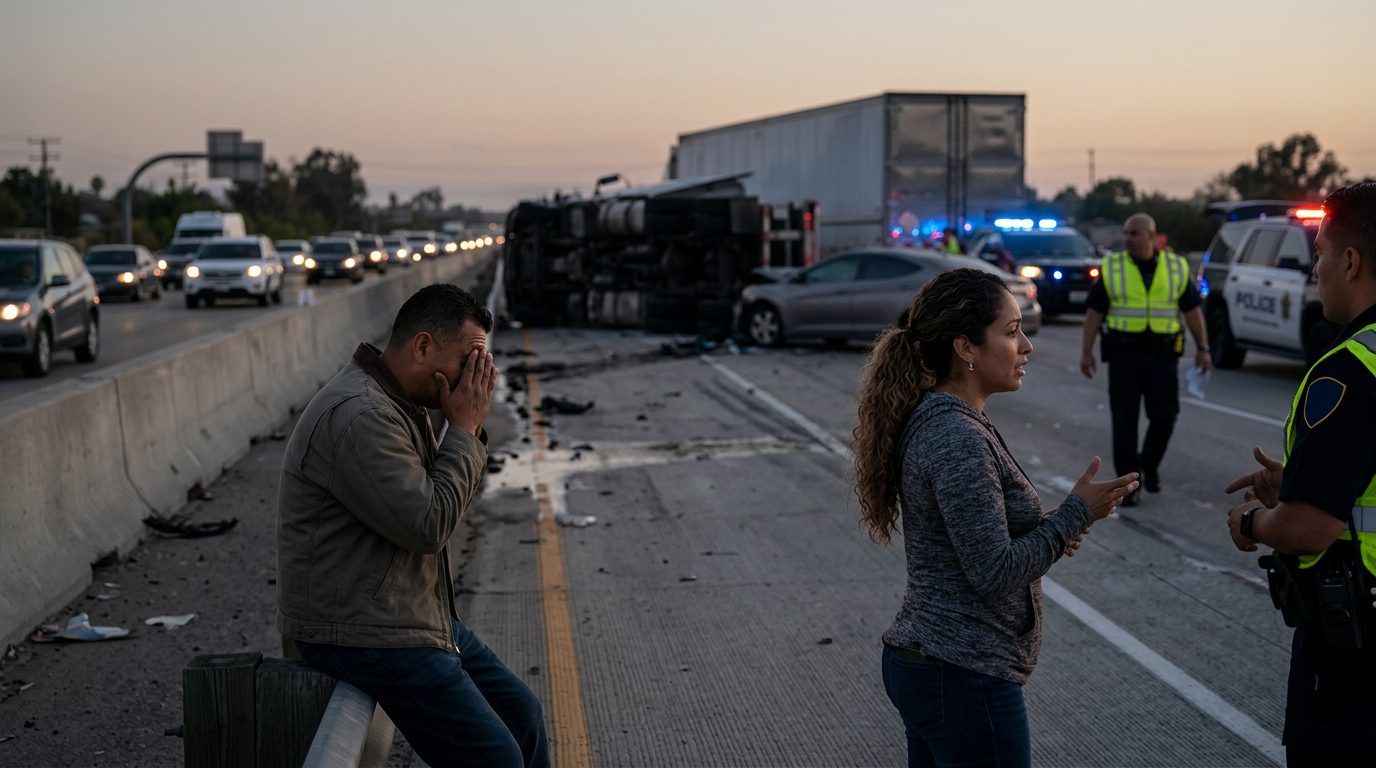 Escena de accidente grave de camión comercial en carretera al atardecer con personas.