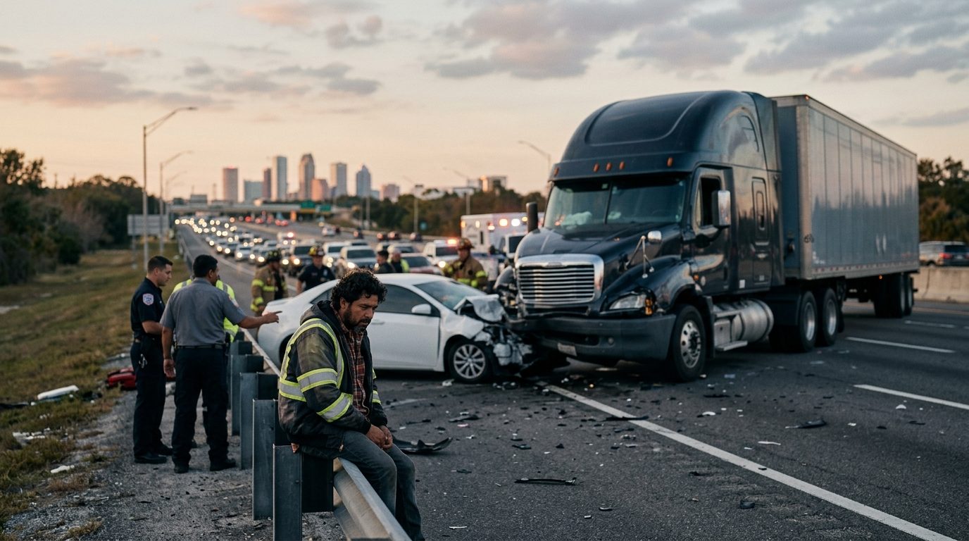 Escena de accidente grave de camión comercial en carretera al atardecer con personas hispanolas.