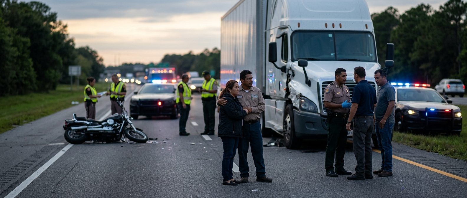 Escena de accidente grave entre camión comercial y motocicleta en carretera al atardecer.