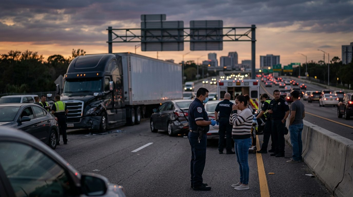 Escena de accidente grave entre camión comercial y motocicleta en carretera al atardecer.