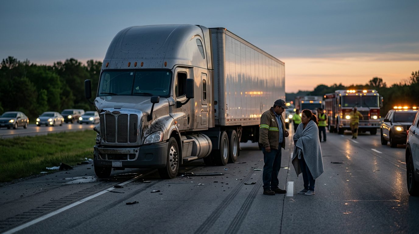 Escena de accidente grave entre camión comercial y vehículo en carretera al atardecer.