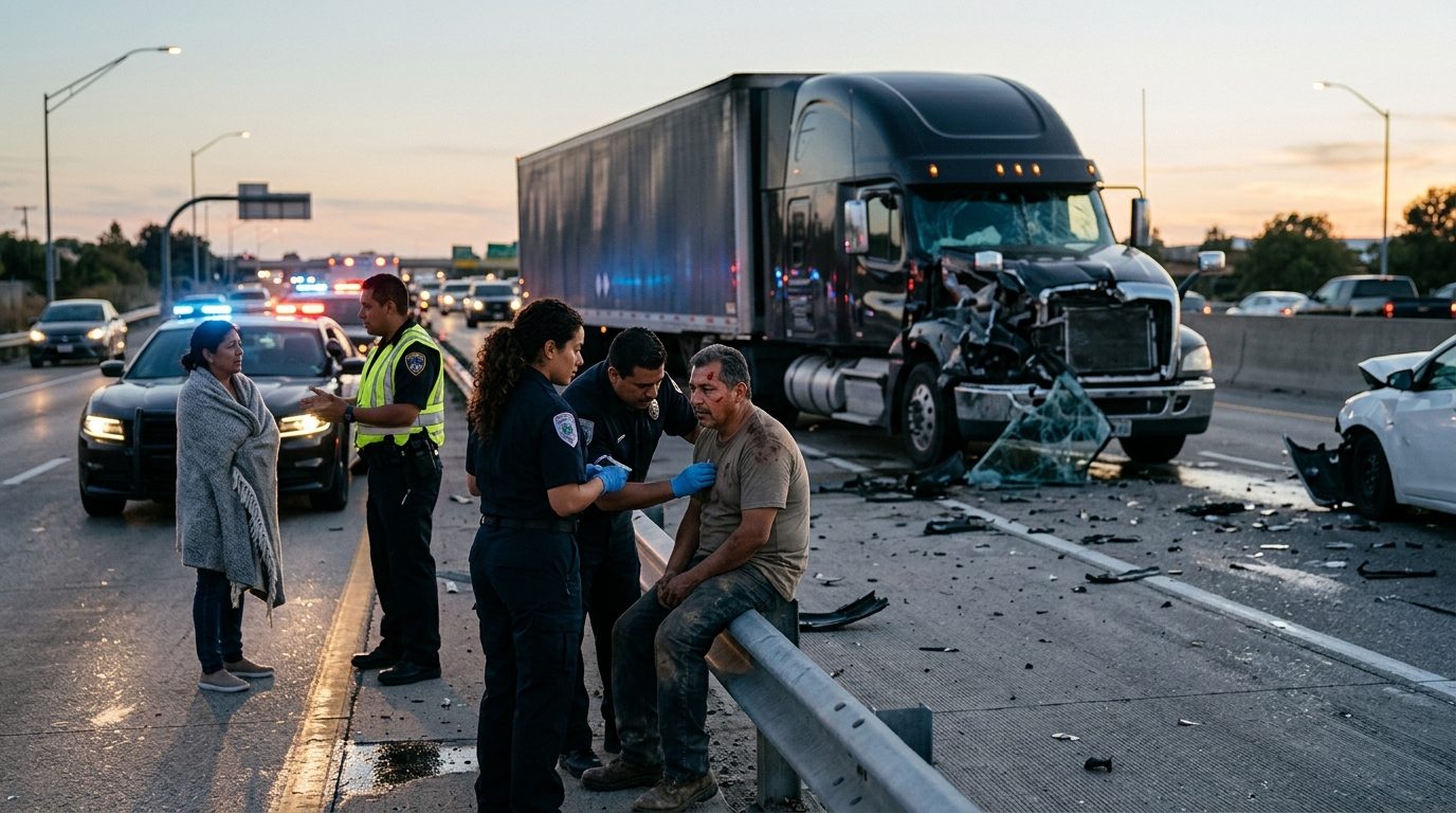 Escena de accidente grave entre camión comercial y vehículos en carretera al atardecer.