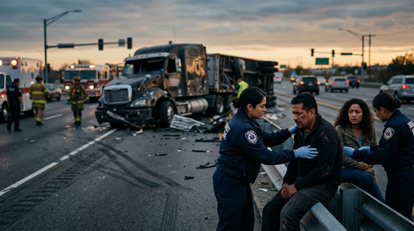 Escena de accidente grave entre camión comercial y vehículos en carretera al atardecer.