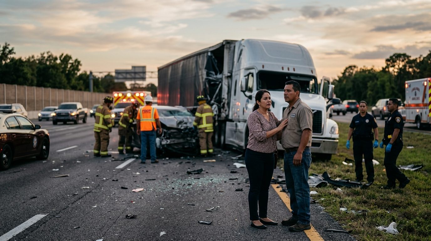 Escena de accidente grave entre camión comercial y vehículos en carretera al atardecer en Florida.