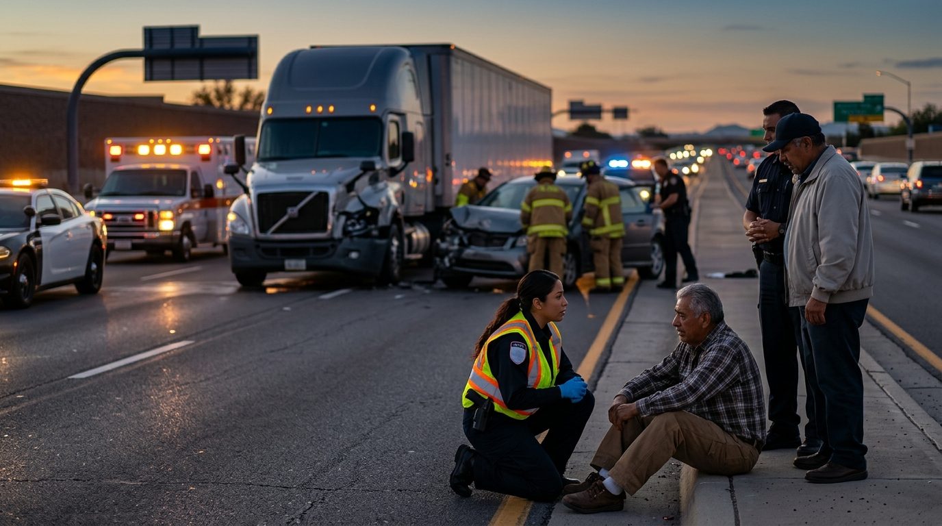Escena de accidente vehicular grave en carretera al atardecer con personas presentes.