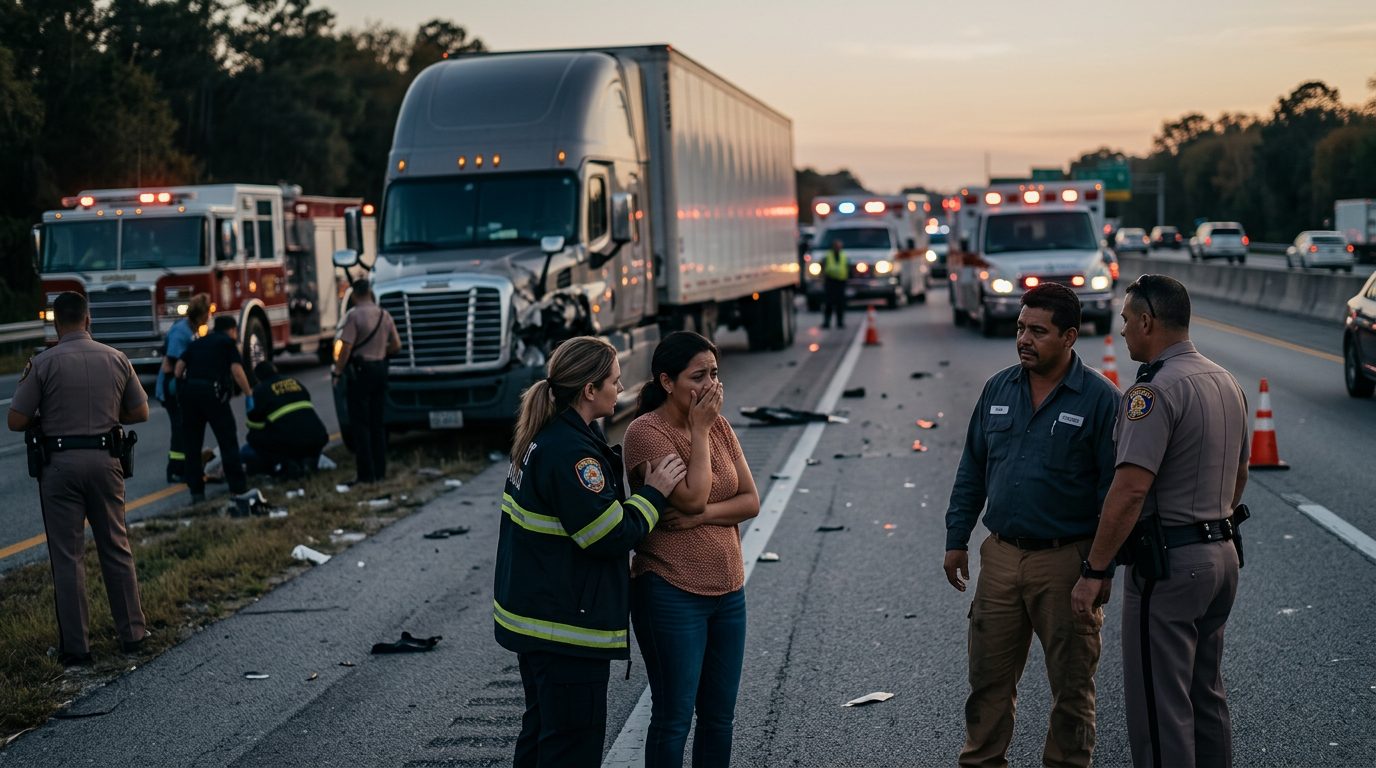 Escena de accidente vehicular grave en carretera al atardecer con personas hispanohablantes.