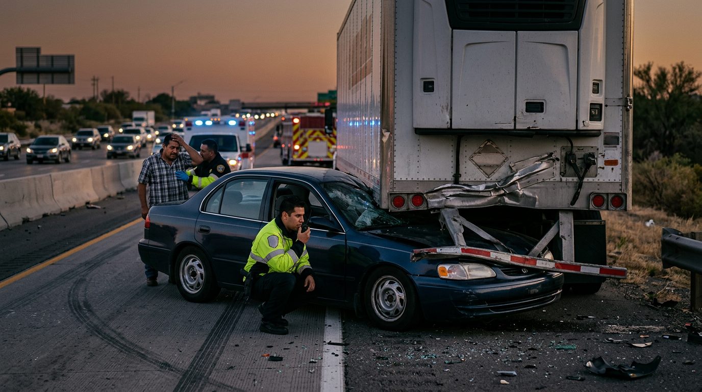 Escena de un grave accidente de camión comercial en una carretera al atardecer.