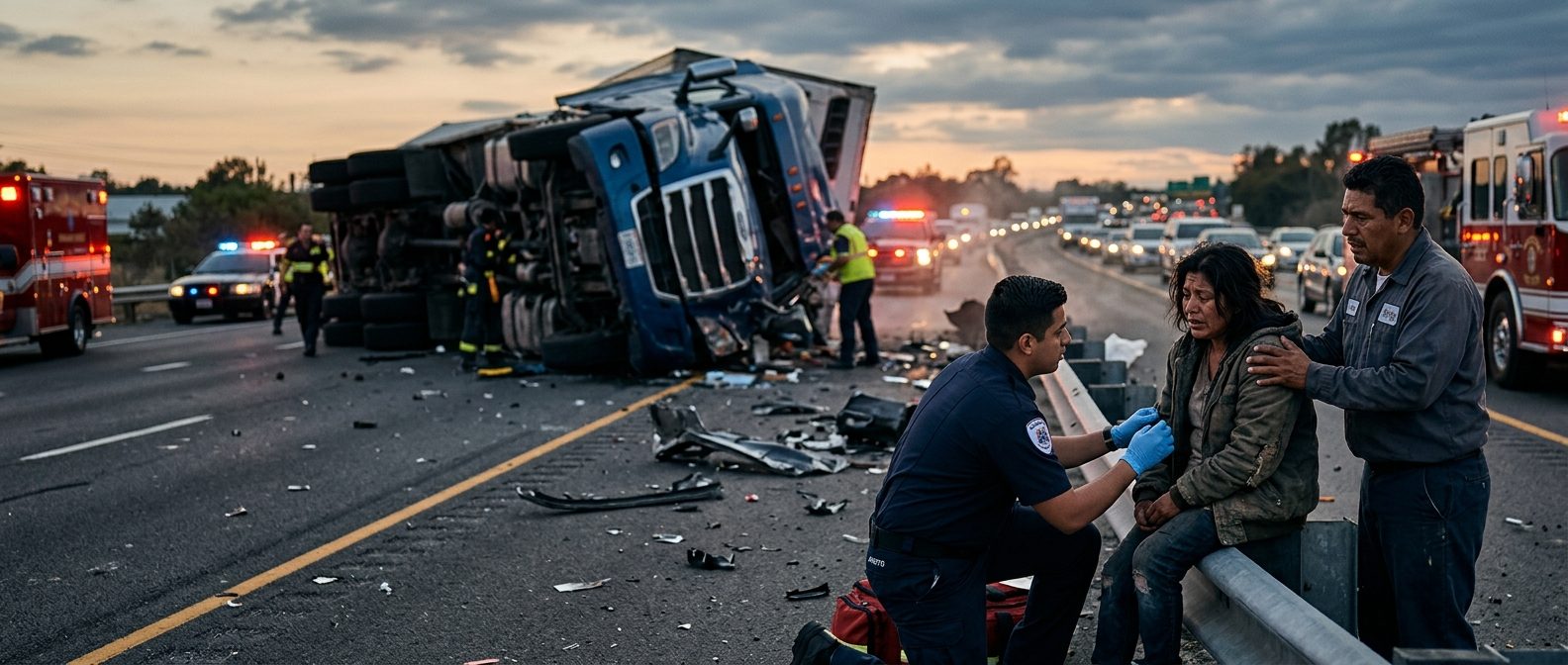 Escena de un grave accidente de camión comercial en una carretera al atardecer.