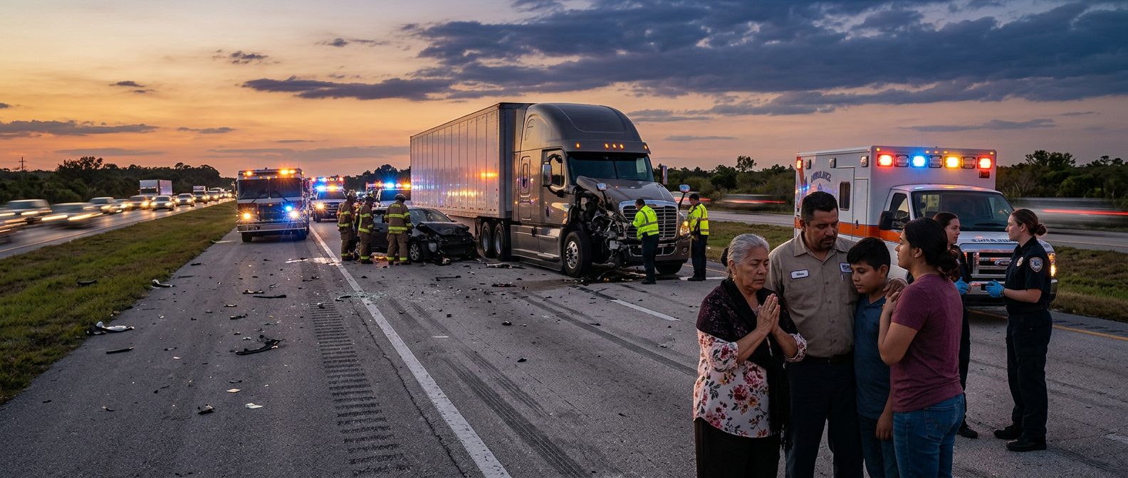 Escena de un grave accidente de camión comercial en una carretera al atardecer.