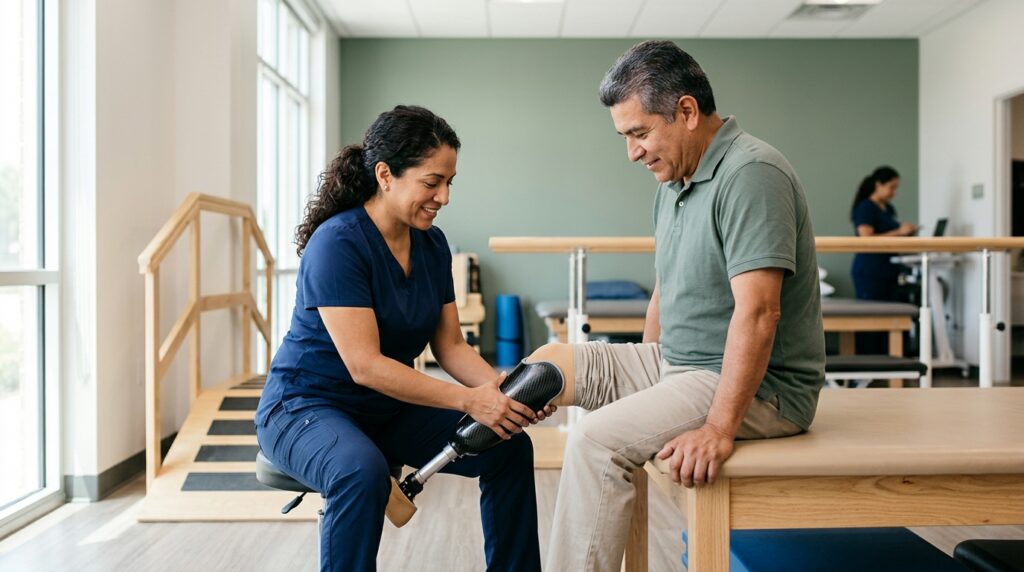 Especialista ajusta una prótesis a un paciente latino en una clínica luminosa de rehabilitación.