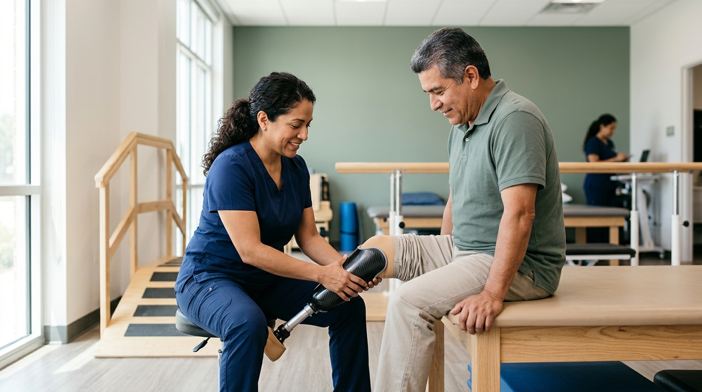 Especialista ajusta una prótesis a un paciente latino en una clínica luminosa de rehabilitación.
