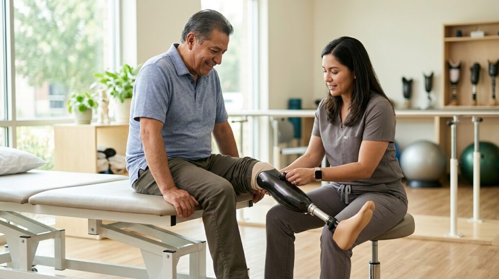 Especialista ajusta una prótesis a un paciente latino en una clínica luminosa de rehabilitación.