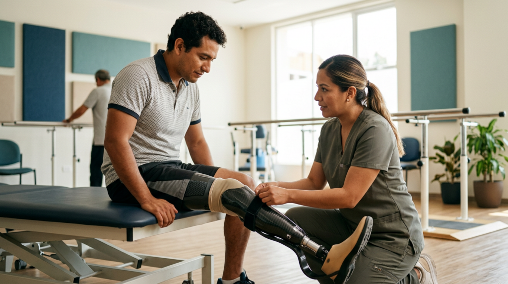 Especialista ajusta una prótesis a un paciente latino en una clínica luminosa de rehabilitación.