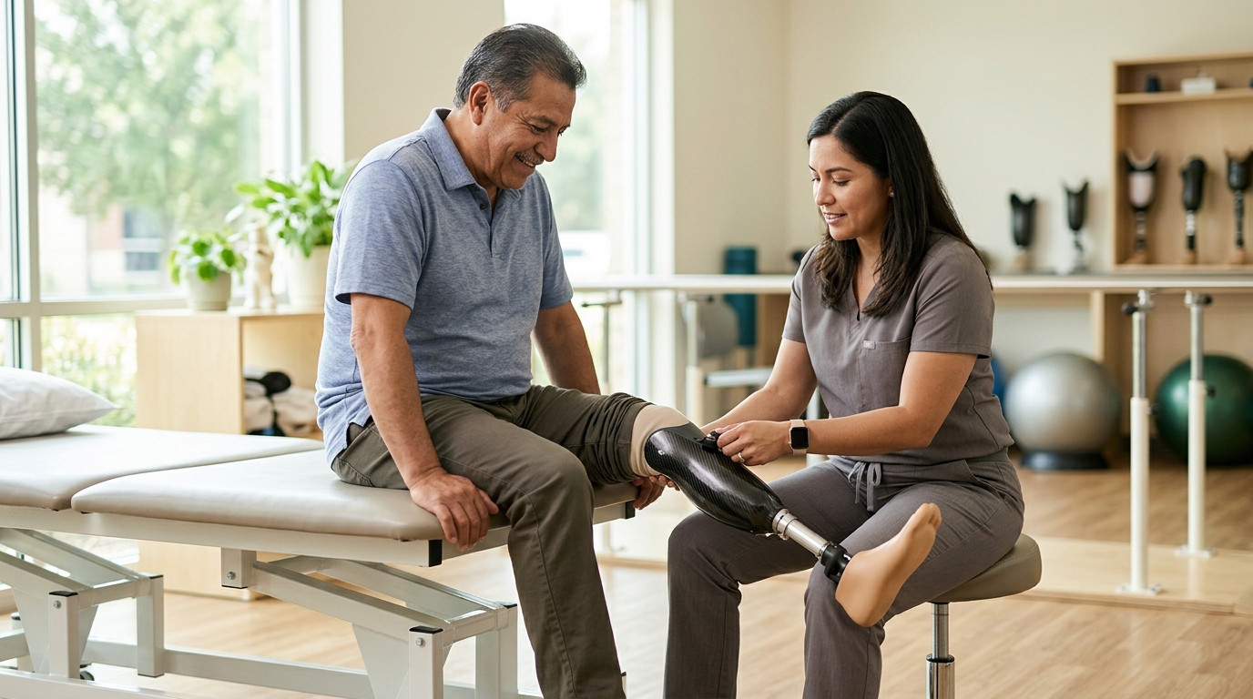 Especialista ajusta una prótesis a un paciente latino en una clínica luminosa de rehabilitación.