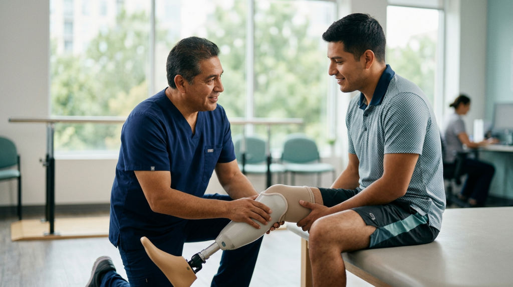 Especialista en rehabilitación ajusta una prótesis a un paciente latino en una clínica luminosa.