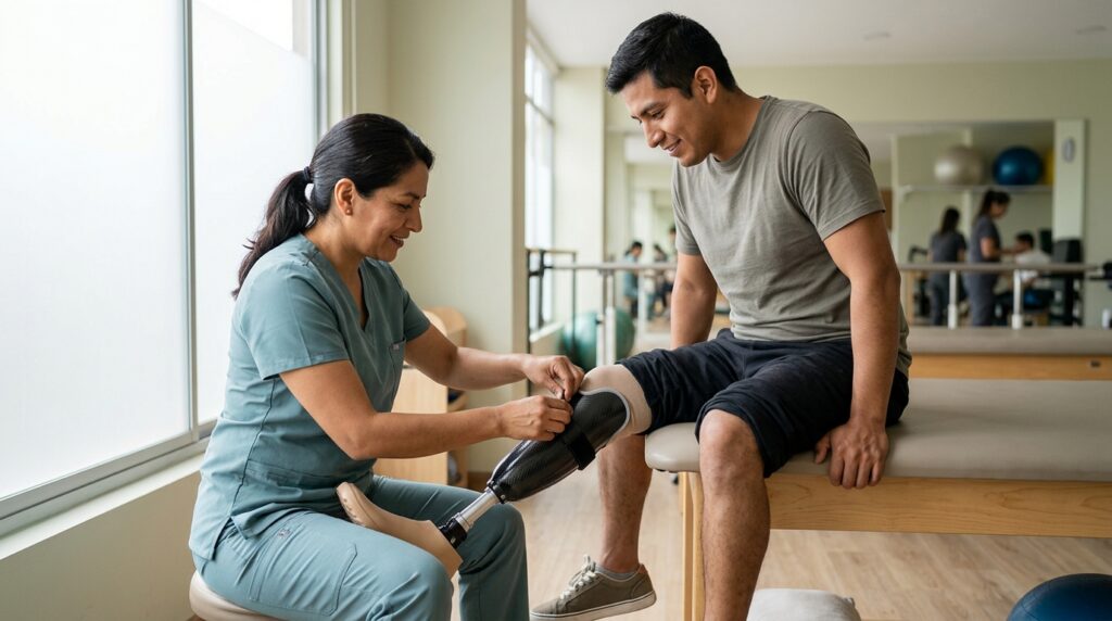 Especialista en rehabilitación ajusta una prótesis a un paciente latino en una clínica luminosa.