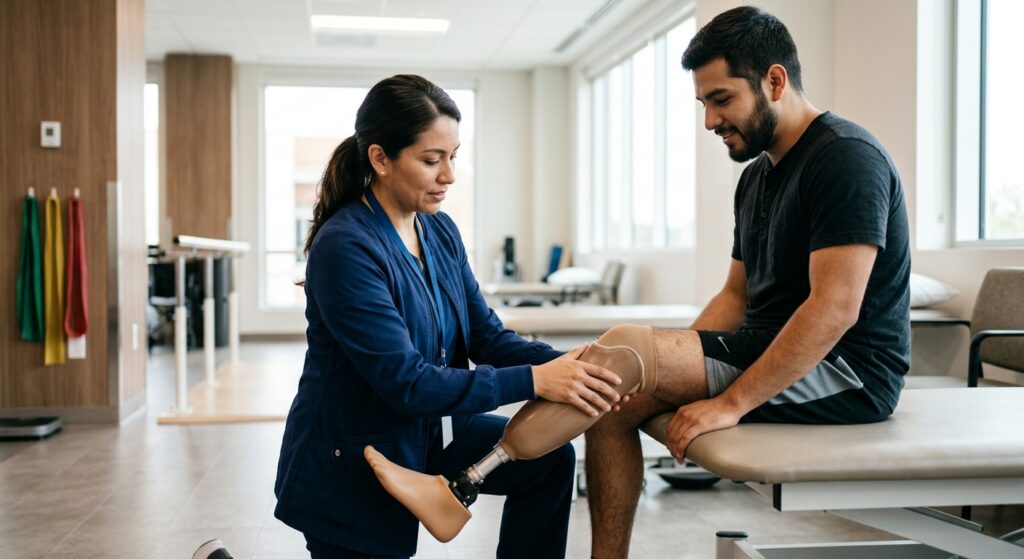 Especialista en rehabilitación ajusta una prótesis de pierna a un paciente latino en una clínica luminosa.