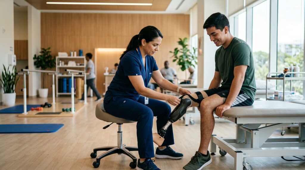Especialista en rehabilitación ajustando una prótesis a un paciente latino en una clínica luminosa.