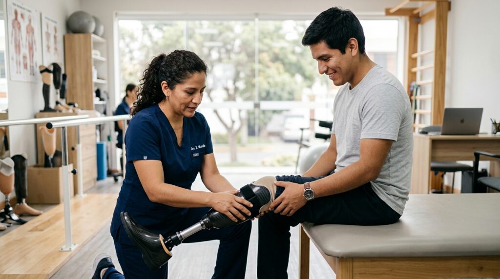 Especialista en rehabilitación ajustando una prótesis a un paciente latino en una clínica luminosa.