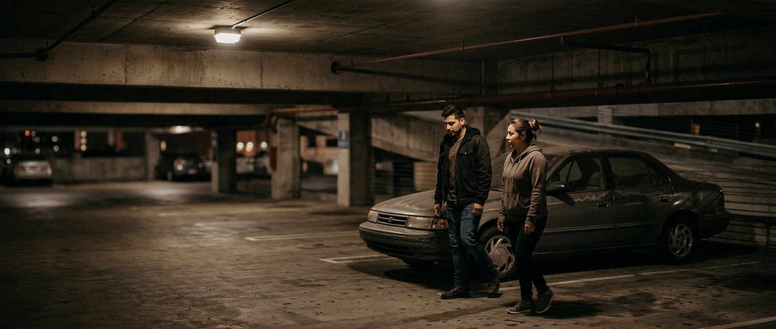a dim, poorly lit parking garage at night suggesting inadequate property security, featuring Hispanic and Latino people