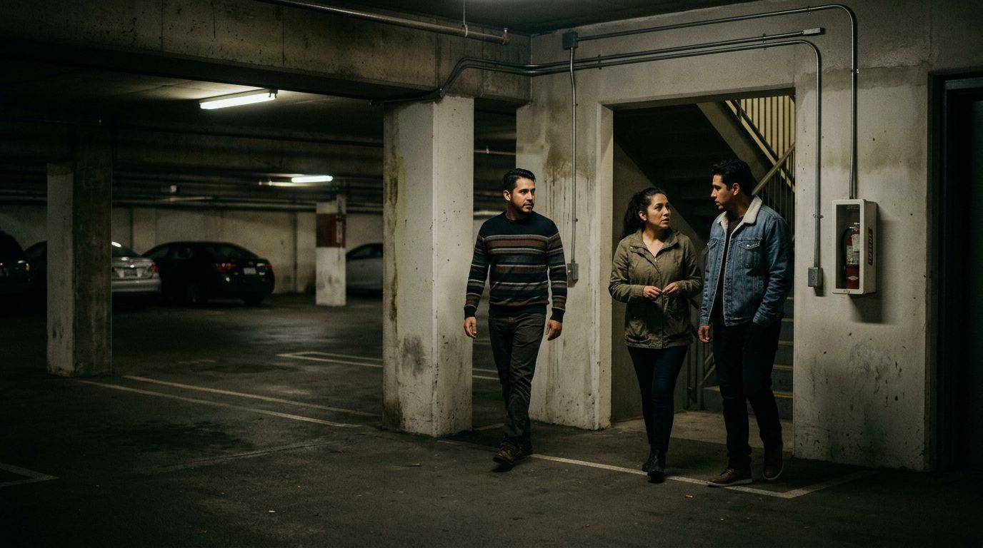 Estacionamiento oscuro y mal iluminado de noche con personas, sugiriendo falta de seguridad.