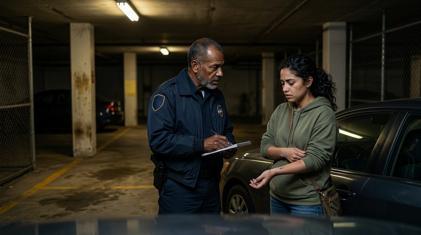 Estacionamiento oscuro y mal iluminado de noche con personas, sugiriendo seguridad deficiente.