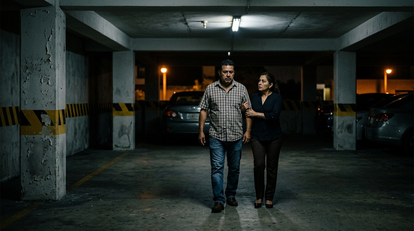 Estacionamiento poco iluminado de noche con personas latinas, mostrando seguridad inadecuada.
