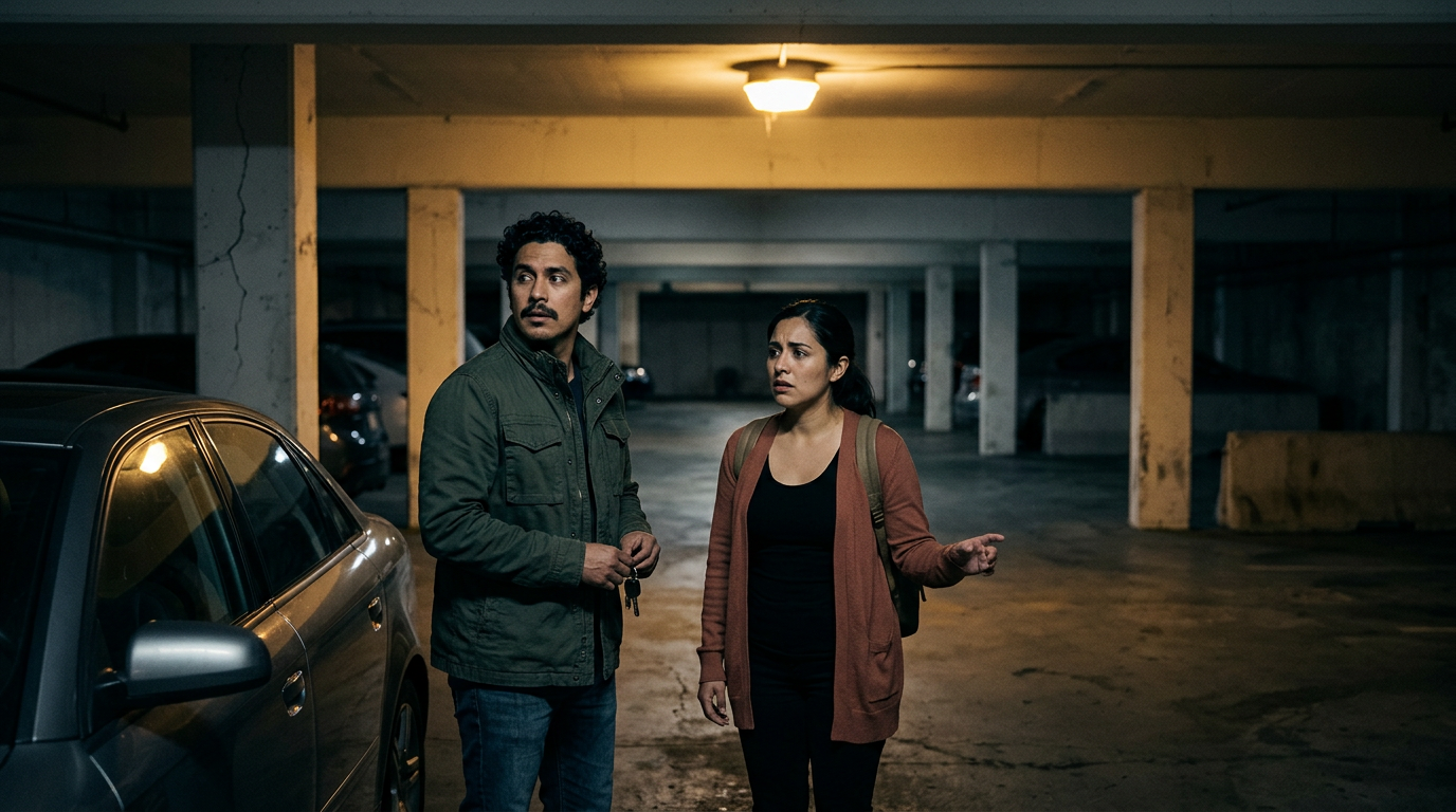 Estacionamiento subterráneo oscuro y mal iluminado de noche con personas latinas, sugiriendo seguridad deficiente.