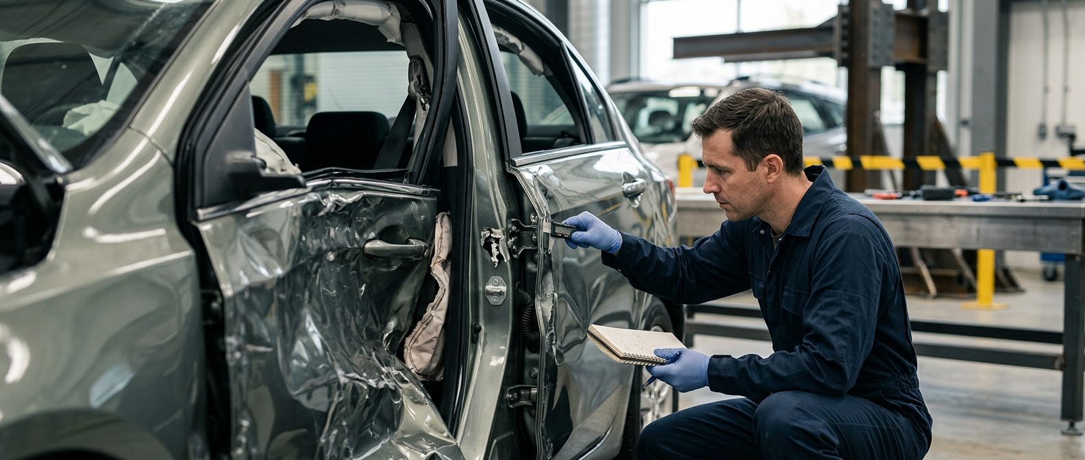 a crashworthiness expert documenting a failed seatbelt anchor and crumpled door frame beside a damaged vehicle in a forensic testing garage