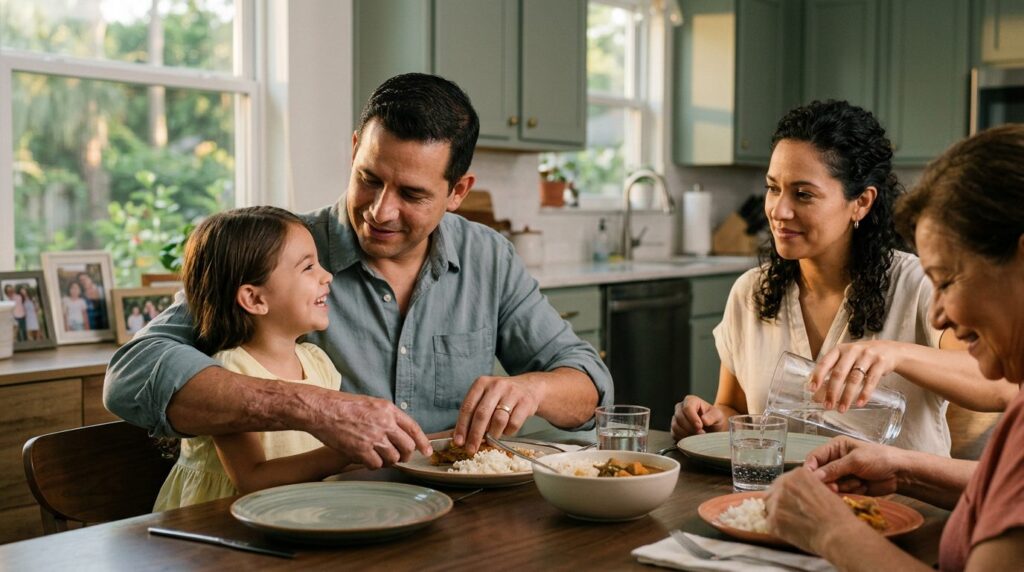 a burn survivor returning to an everyday family routine after burn injury recovery, featuring Hispanic and Latino people
