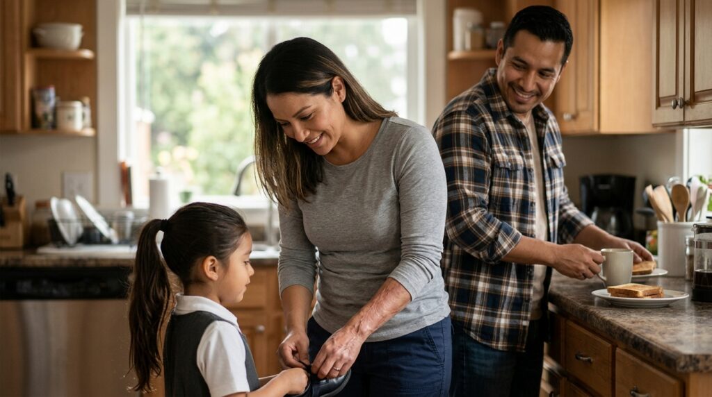 Familia hispana compartiendo un momento cotidiano tras la recuperación de una quemadura.