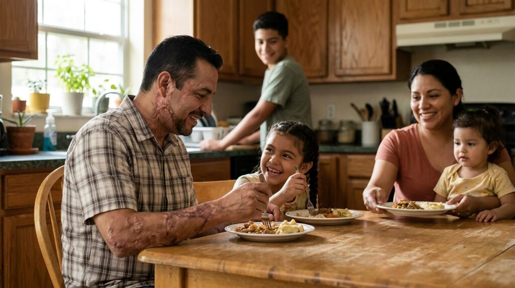 a burn survivor returning to an everyday family routine after burn injury recovery, featuring Hispanic and Latino people