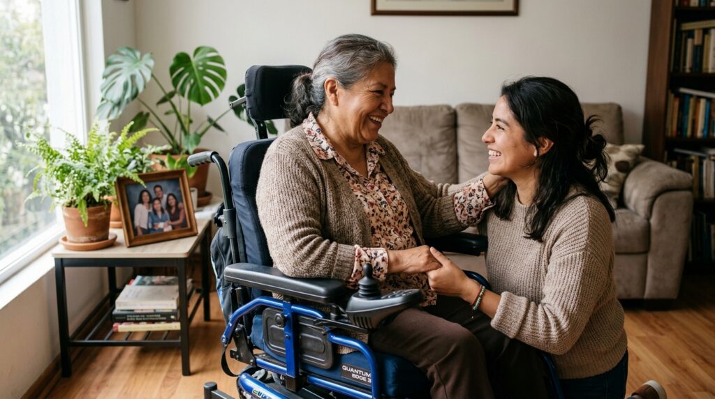Familiar cuida con ternura a un ser querido en silla de ruedas eléctrica en casa.