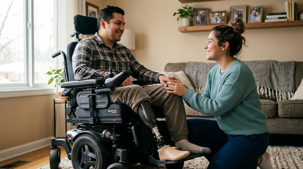 Familiar hispano apoya con cariño a un ser querido que usa una silla de ruedas eléctrica en casa.