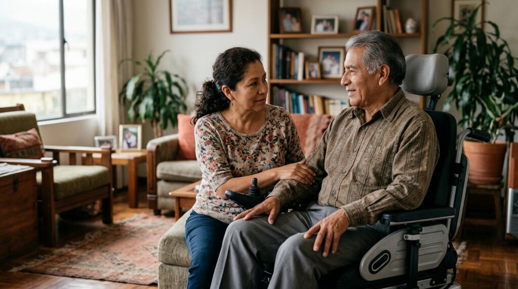 Familiar hispano apoya con ternura a un ser querido en silla de ruedas eléctrica en casa.