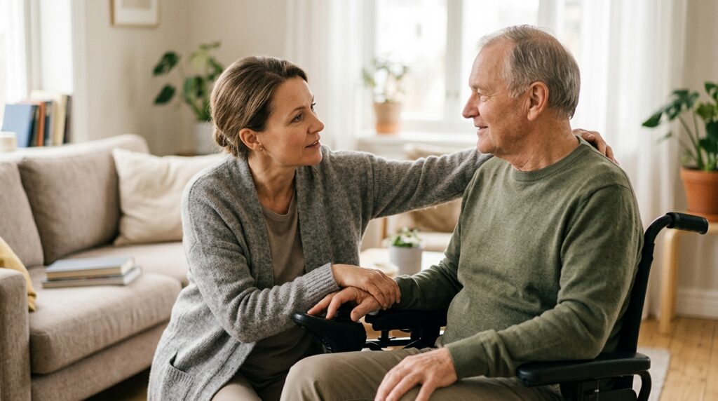 Family caregiver gently supporting a loved one using a power wheelchair at home.