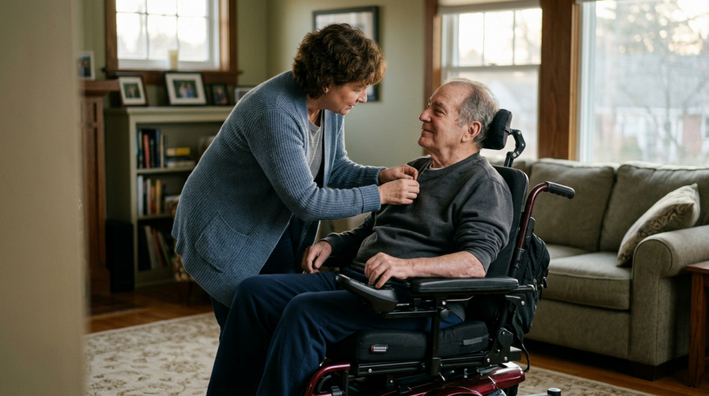 Family member gently supporting a loved one seated in a power wheelchair at home.