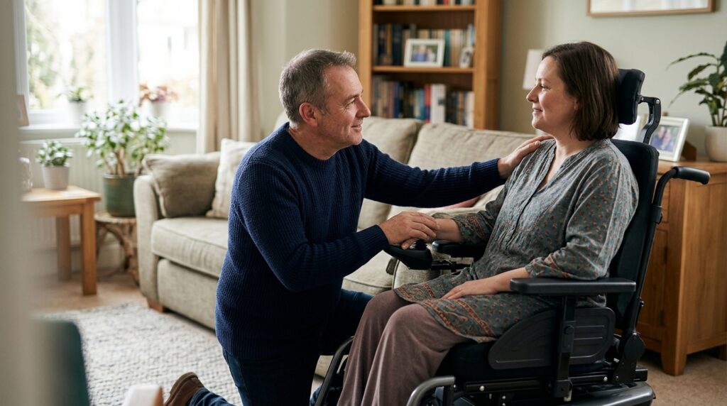 Family member gently supporting a loved one using a power wheelchair at home.