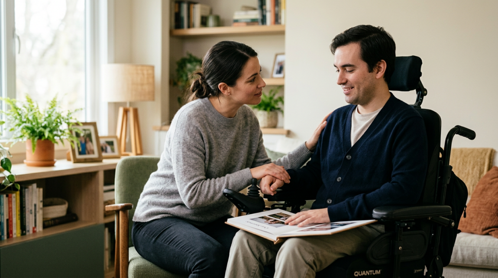 Family member gently supporting a loved one using a power wheelchair at home.