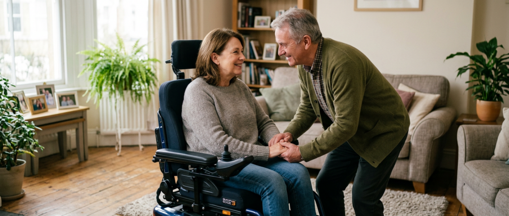 Family member gently supporting a loved one using a power wheelchair at home.