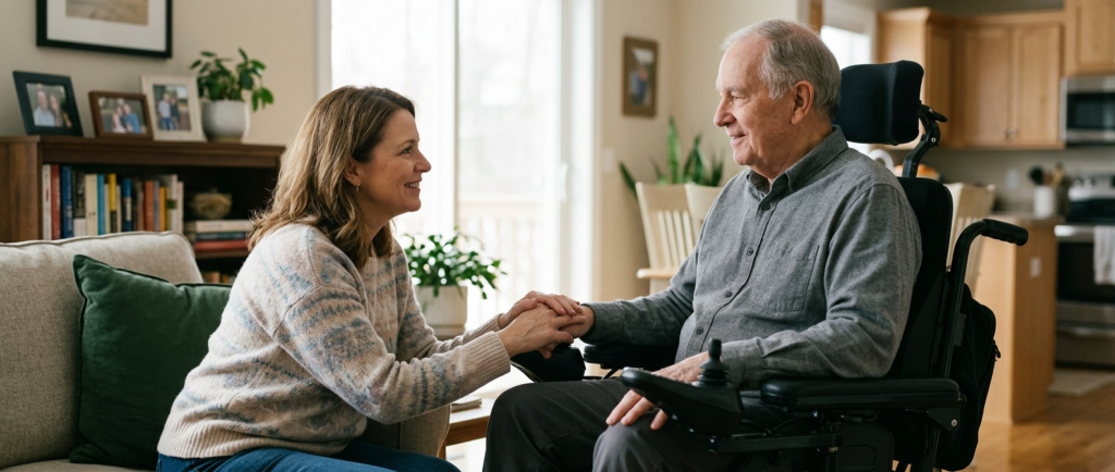 Family member gently supporting a loved one using a power wheelchair at home.