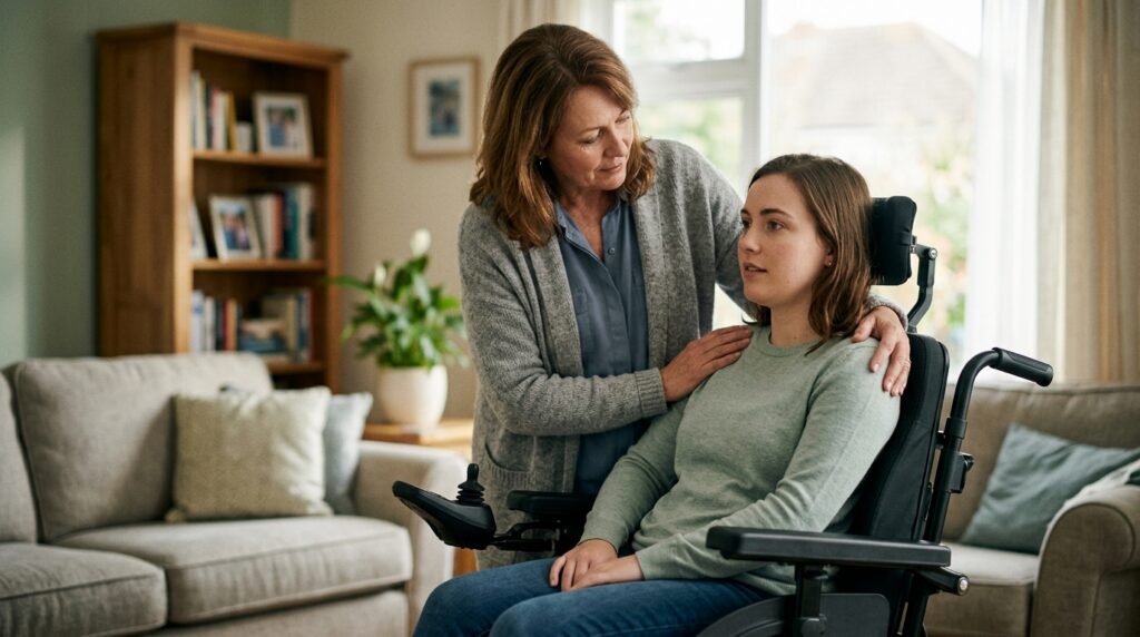 Family member gently supporting a loved one using a power wheelchair at home.