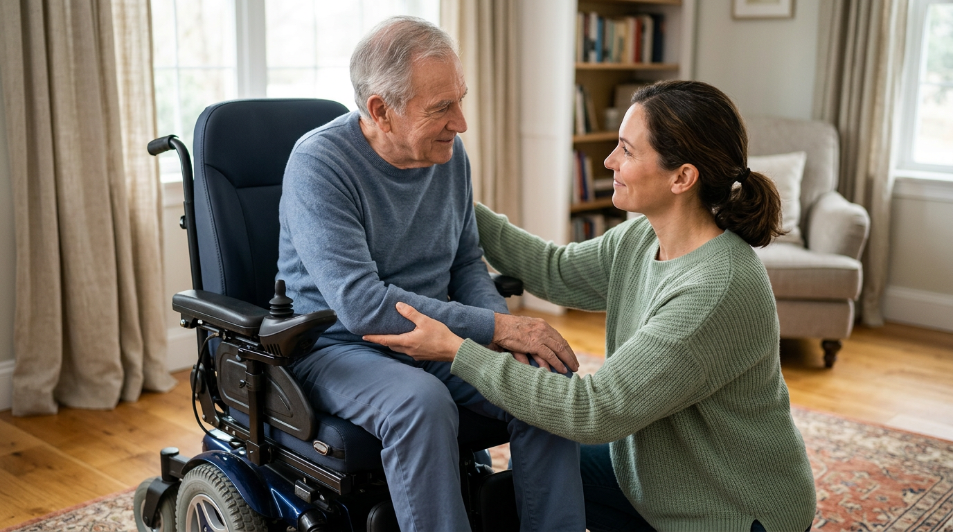 Family member gently supporting a loved one using a power wheelchair at home.