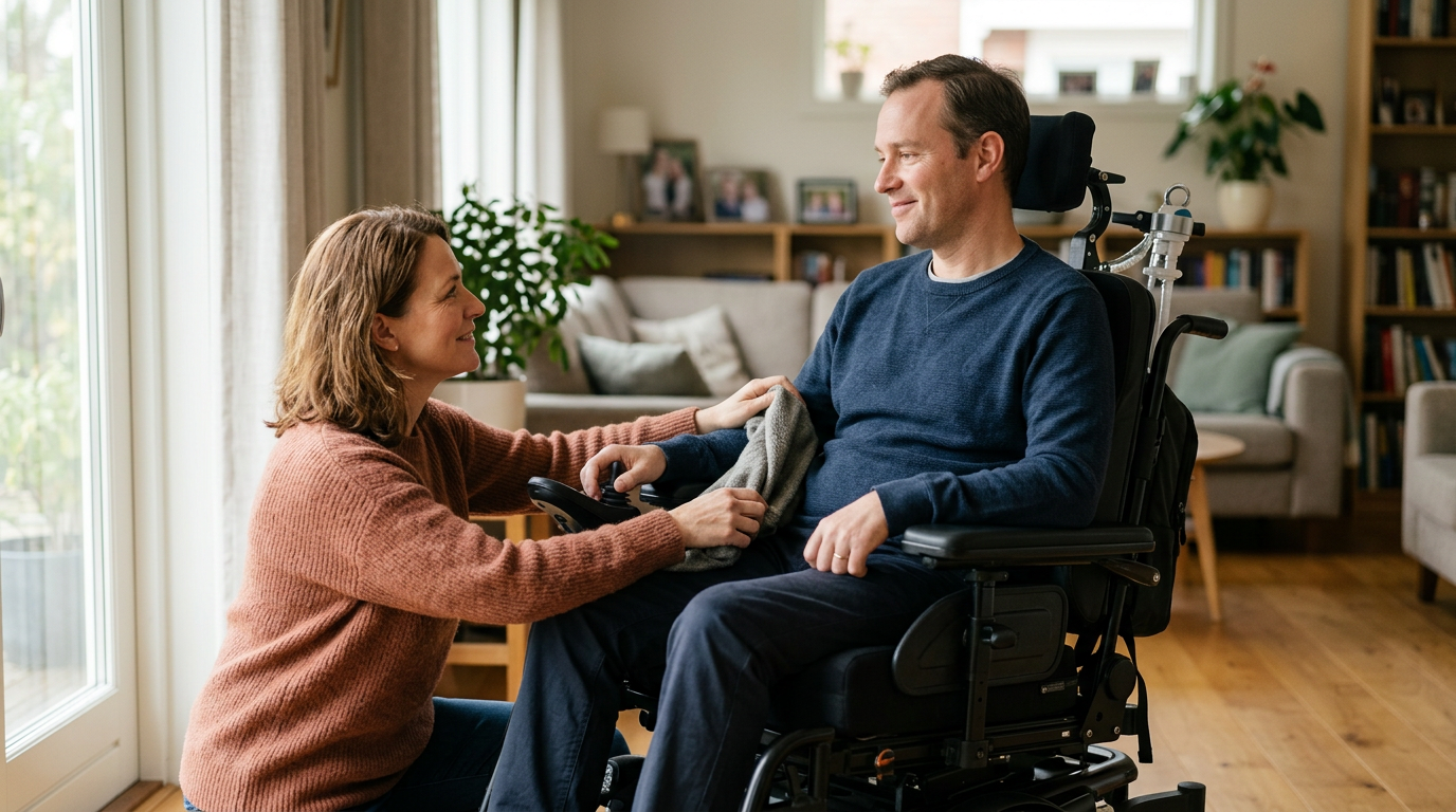 Family member gently supporting a loved one using a power wheelchair at home.