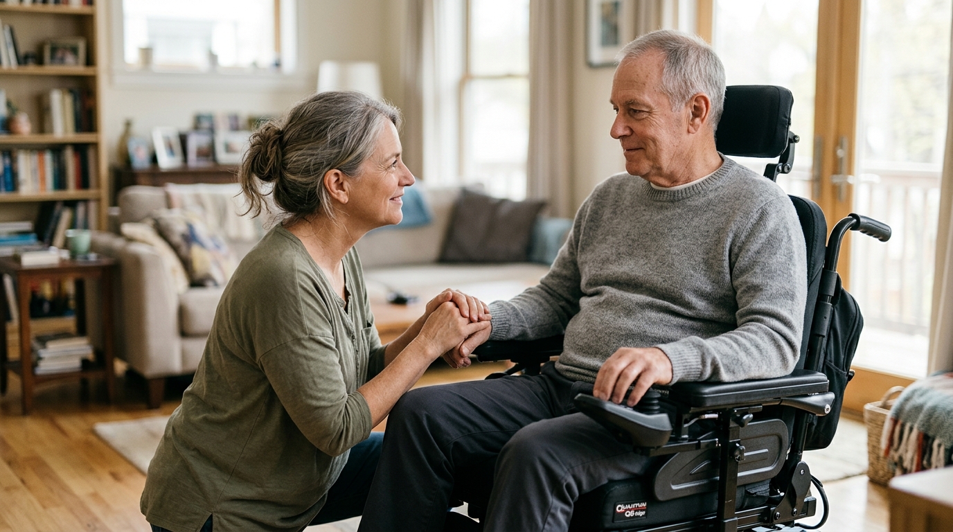 Family member gently supporting a loved one using a power wheelchair at home.