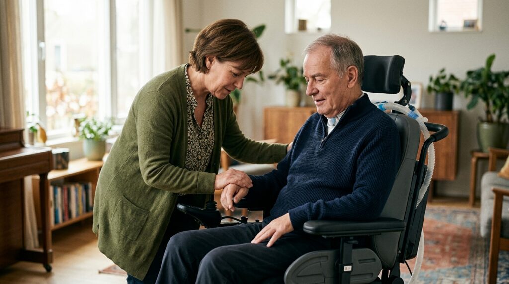 Family member gently supporting a loved one using a power wheelchair at home.