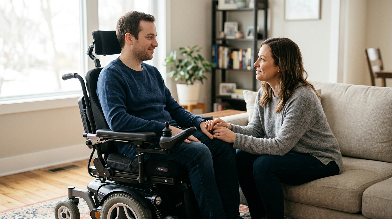 Family member gently supporting a loved one using a power wheelchair at home.